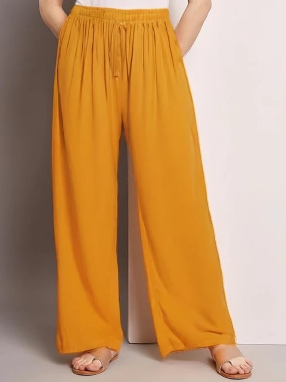 Jaqueline Ferrar Vintage Mustard Silk Wide Leg Pants Womens Size XL Flowy